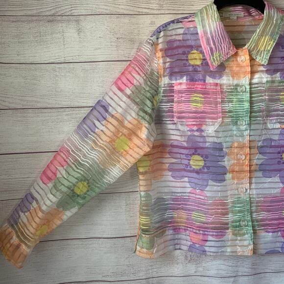 Erin London Pastel Floral Sheer Textured Button Down Jacket Spring Shirt Size L - Picture 5 of 16